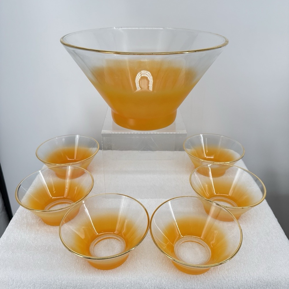 Vintage Blendo West Virginia Glass 7 Piece Glass Bowl Set Frosted Tangerine MCM
